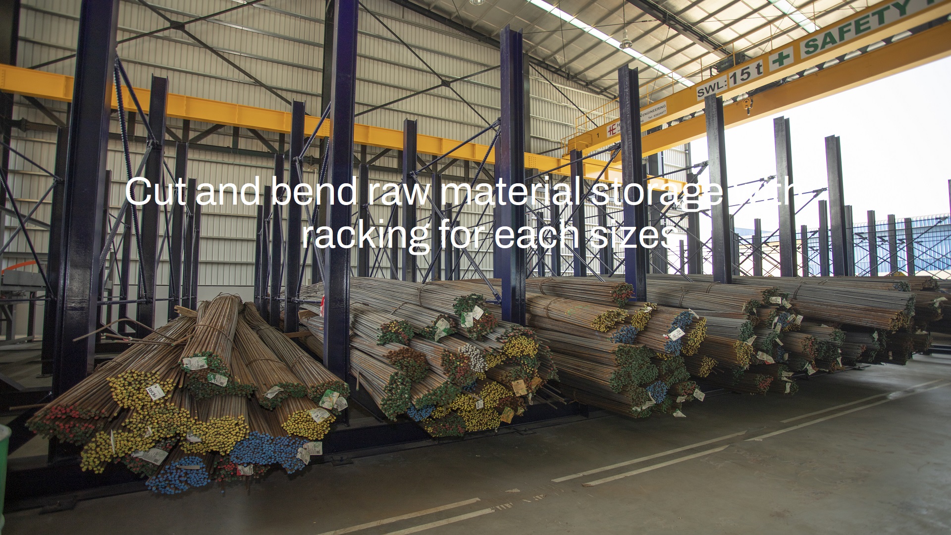 Cut and bend raw material storage with racking for each sizes